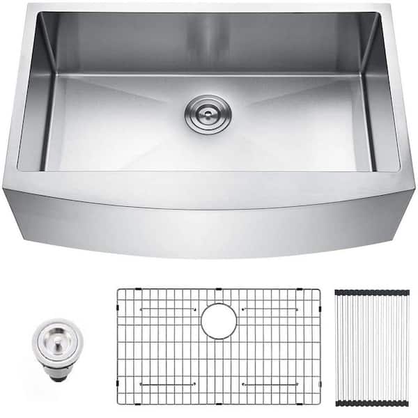 Brushed Nickel 16 gauge 33 in. Ceramic Single Bowl Farmhouse Apron Kitchen Sink with Bottom Grid and Basket Strainer