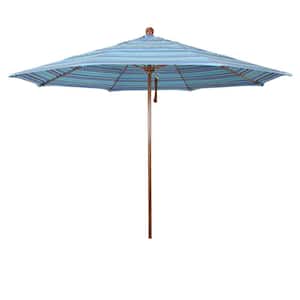 11 ft. Woodgrain Aluminum Commercial Market Patio Umbrella Fiberglass Ribs and Pulley Lift in Dolce Oasis Sunbrella