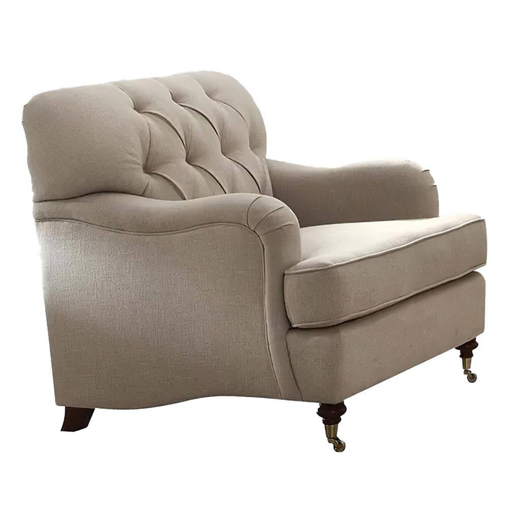 Elegant Beige Leather-Wood Accent Chair with Diamond Tufting
