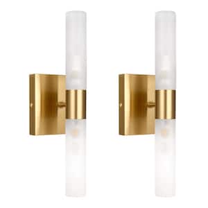 3.94 in. 2-Light Gold Mid-Century Cylinder Bathroom Vanity Light Wall Sconces with Frosted White Glass Shade (2-Pack)