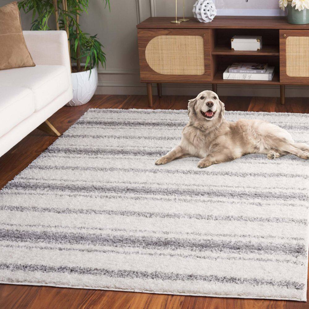 Ivory and Grey Tufted Stripe Shag Rug, 4' x 6'
