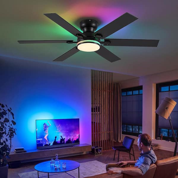 52 in. Indoor/Outdoor Modern Black Flush Mount Propeller Ceiling Fan with RGB Color LED Light and Remote/APP Control