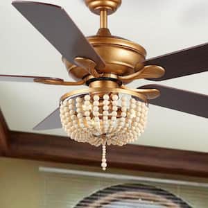 Erin 52 in. 3-Light Antique Gold/Light Brown Rustic Farmhouse Iron/Wood Bead MobileApp/Remote-Controlled LED Ceiling Fan