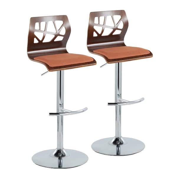Lumisource Folia 32.5 in. Orange Fabric, Walnut Wood and Chrome Metal Adjustable Bar Stool (Set of 2)