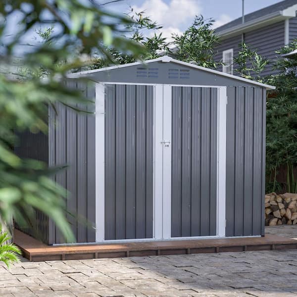 8 ft.W x 6 ft.D Outdoor Metal Shed, Tool House with Floor Frame & Lockable Doors & Air Vents for Lawn, Gray (48 sq. ft.)