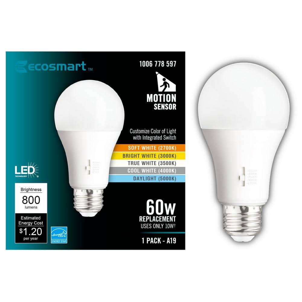 onbekend Tether kom EcoSmart 60-Watt Equivalent A19 Dimmable CEC Motion Sensor LED Light Bulb  with Selectable Color Temperature (1-Pack) 11A19060WCCTM01 - The Home Depot