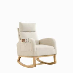 Beige Wood Indoor Outdoor Rocking Chair with White Cushions