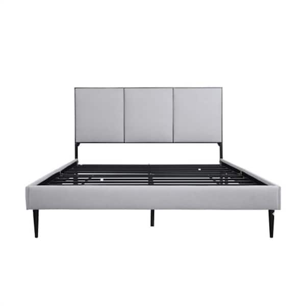 Donason Gray Linen Metal Slat Frame Queen Size Platform Bed