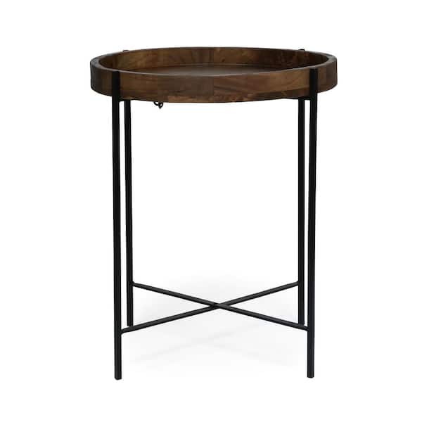COOLSHARK Round Small Outdoor Side Table Solid Wood Dining Table Metal End Table Coffee
