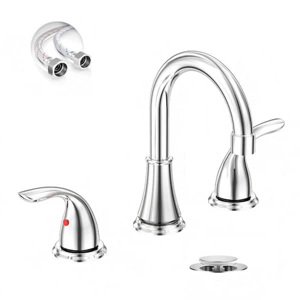 8 Inch 3 Hole Chrome Bathroom Faucet, 2 Handle Modern Vanity Faucet with Metal Pop up Drain and Water Supply Lines