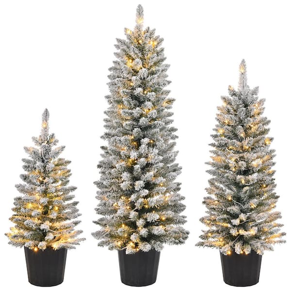 3/4/5 ft. White and Green Flocked Prelit Artificial Christmas Trees with Pot Stands and LED Lights