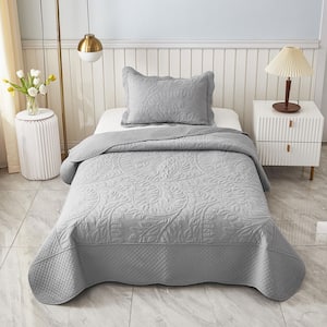 T-Monica 2-Piece Noble Grey Embroidery 100% Cotton Lightweight Twin Size Quilt Set