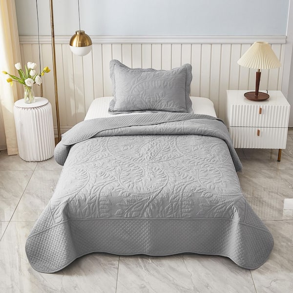 MarCielo T-Monica 2-Piece Noble Grey Embroidery 100% Cotton Lightweight Twin Size Quilt Set