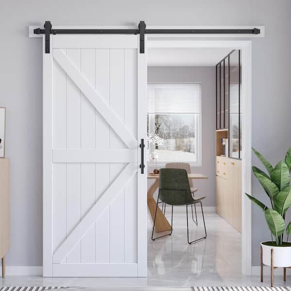 36 in. x 84 in. British K Shape White MDF Sliding Barn Door with Hardware Kit