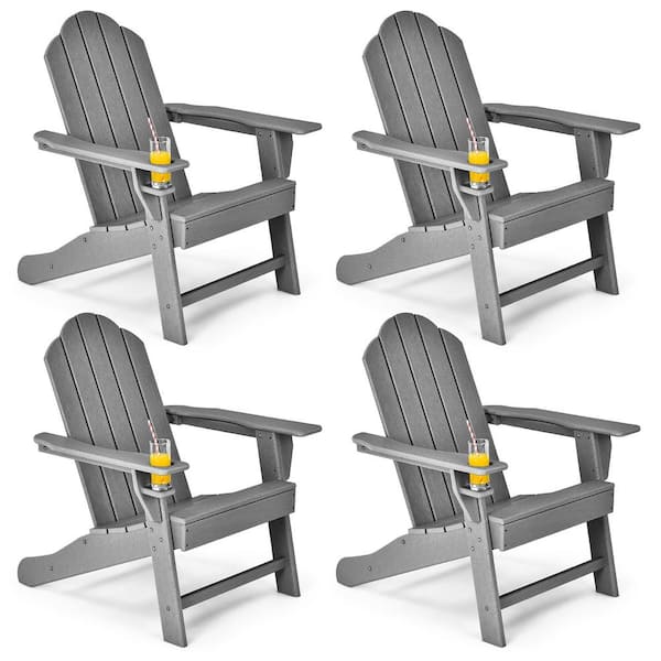 Costway 4-Piece Grey Patio Plastic Adirondack Chair Weather Resistant Garden Deck with Cup Holder