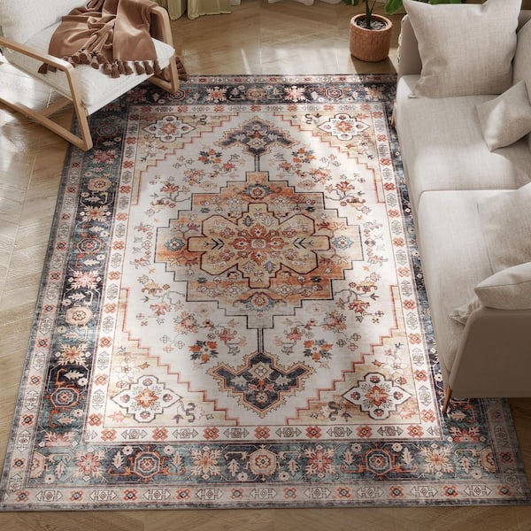 Area Rug 5 ft. x 7 ft. Washable Rug, Distressed Floral Print Mat for Living Room, Bedroom, Dining Room, Tawny Brown