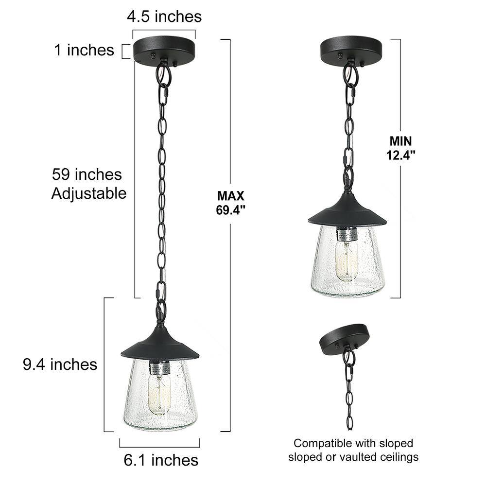 Matte Black Outdoor Pendant Light with Seeded Glass Shade
