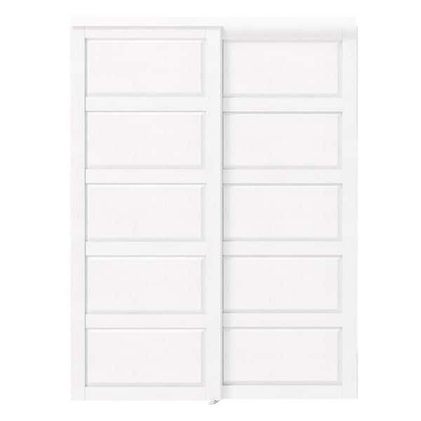 72 in. x 80 in. 5-Panel MDF Solid Core White PVC Covering  Double Panel Sliding Door with All Hardware