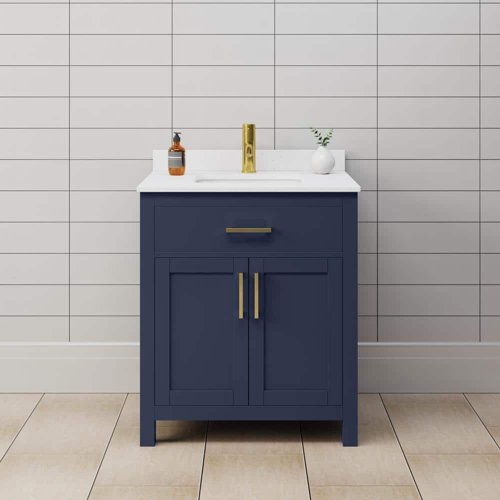 Beckett Dark Blue Freestanding Single Vanity with White Marble Top
