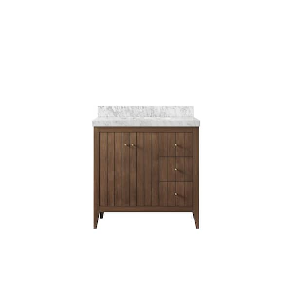 Willow Collections Atlanta Teak 36 in. Left Sink Freestanding Dark Natural Bath Vanity with Carrara Marble Top