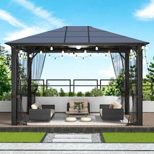 10 ft. x 12 ft. Black Galvanized Steel&Polycarbonate Roof Gazebo with Mosquito Net