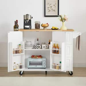 White Wood 53.78 in. Kitchen Island with Drawers Mobile Kitchen Cart Rolling Cart Barn Door Storage Cabinet