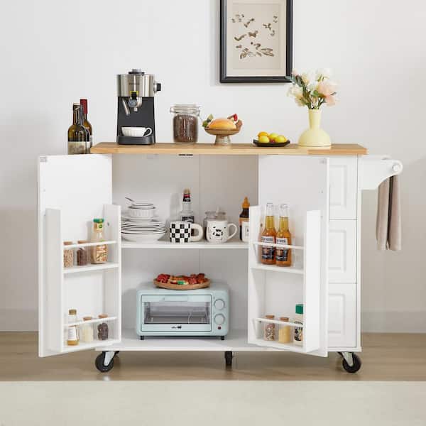 Tileon White Wood 53.78 in. Kitchen Island with Drawers Mobile Kitchen Cart Rolling Cart Barn Door Storage Cabinet