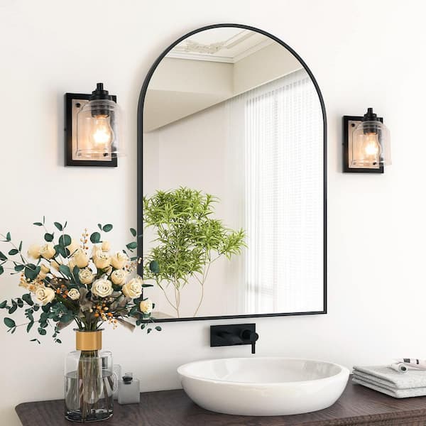 Farmhouse 5 in. 1-Light Black and Grey Wood Grain Metal Bathroom Vanity Light with Clear Seeded Glass Shades