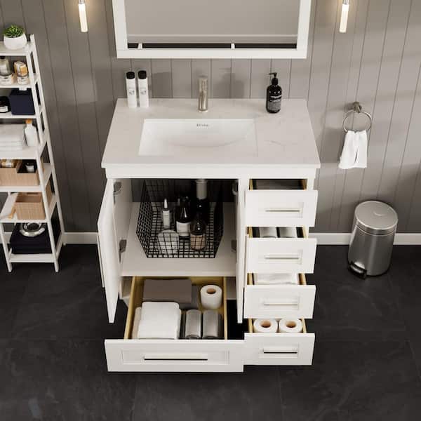 Eviva Loon 30 in. W x 22 in. D x 34 in. H Bathroom Vanity in White with White Carrara Quartz Top with White Sink