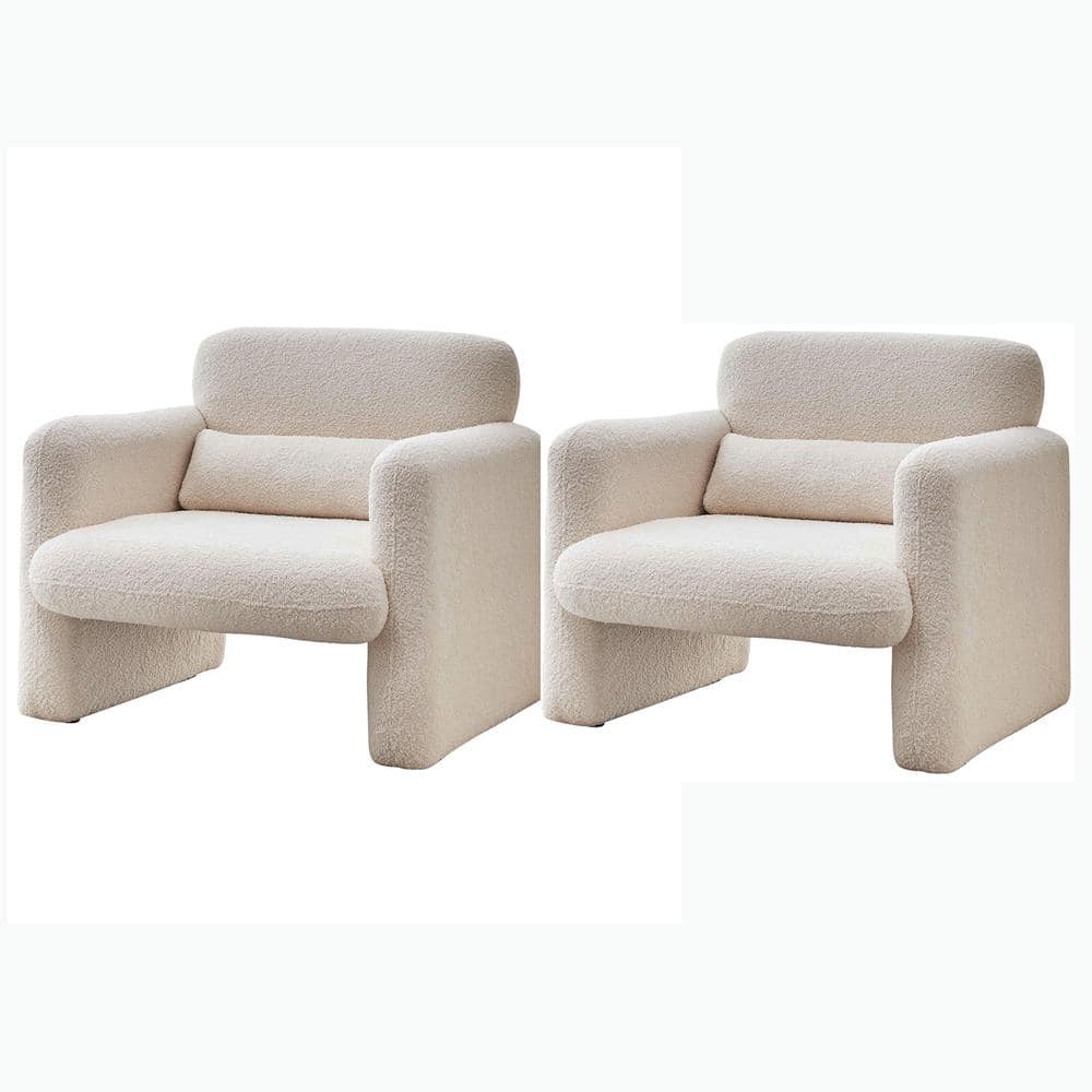 2-Piece Beige Accent Armchair Lamb Fleece Fabric Sofa Modern Single Sofa wi