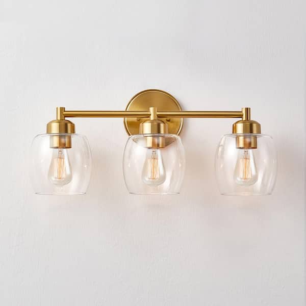 22.2 in. 3-Light Antique Brass Bathroom Vanity Light with Clear Glass Shades