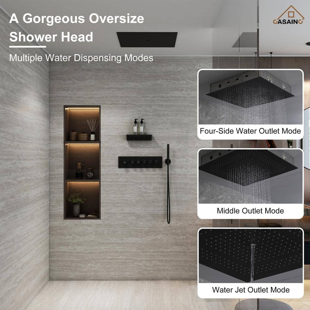 Matte Black Thermostatic Shower System with Rainfall and Jet Functions