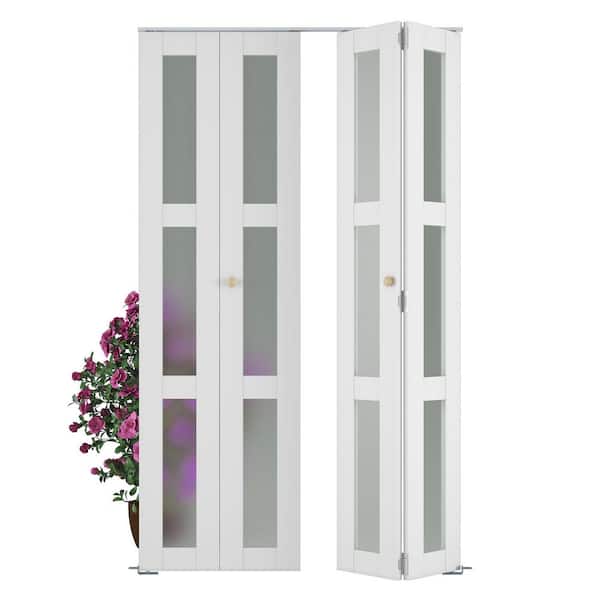 48 in. x 78.75 in. 3-Lite Frosted Glass Solid Core White Finished MDF Composite Bi-Fold Door with Hardware