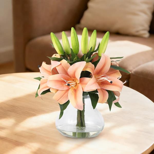 MOVECOM Realistic Artificial Lily Bouquet w/ Clear Glass Vase – 13