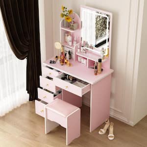 5-Drawers Pink Makeup Vanity Sets Dressing Table Sets with Stool, Mirror, LED Light and 3-Tier Storage Shelves