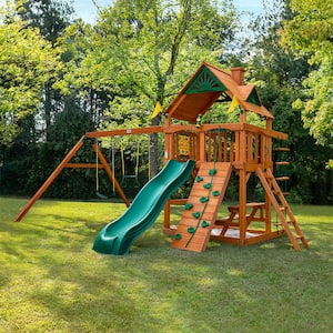 Chateau Wooden Outdoor Playset with Wave Slide, Picnic Table, Rock Wall, Sandbox, and Backyard Swing Set Accessories