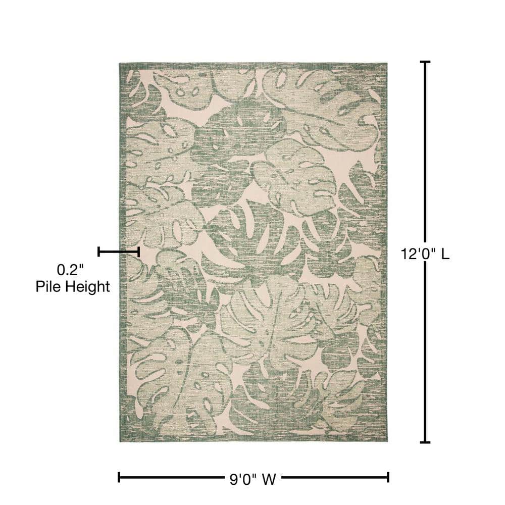 Beige and Green Leaf Pattern Indoor/Outdoor Area Rug