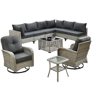 Aquarius 10-Piece Wicker Patio Conversation Seating Sofa Set with Black Cushions and Swivel Rocking Chairs