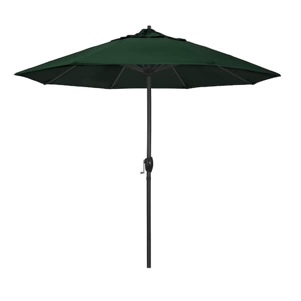 California Umbrella 9 ft. Black Aluminum Market Patio Umbrella Auto Tilt in Forest Green Sunbrella