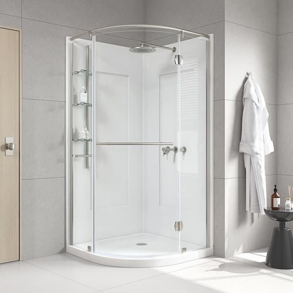 Glamour 38 in. x 77 in. Corner Drain Corner Shower Kit in White and Satin Nickel Hardware