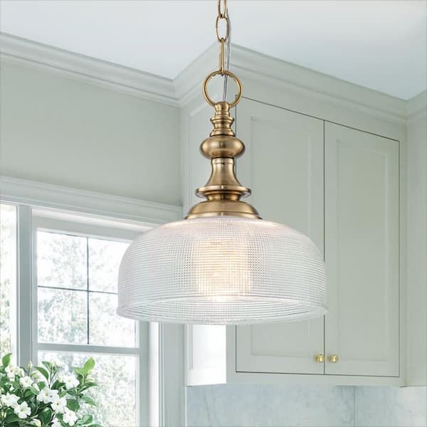 Miraletto 10.43 in. 1-Light Gold Bowl Pendant Light with Grid Clear glass shade