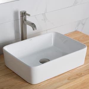 Rectangular Ceramic Vessel Sink in White with Ramus Faucet in Satin Nickel
