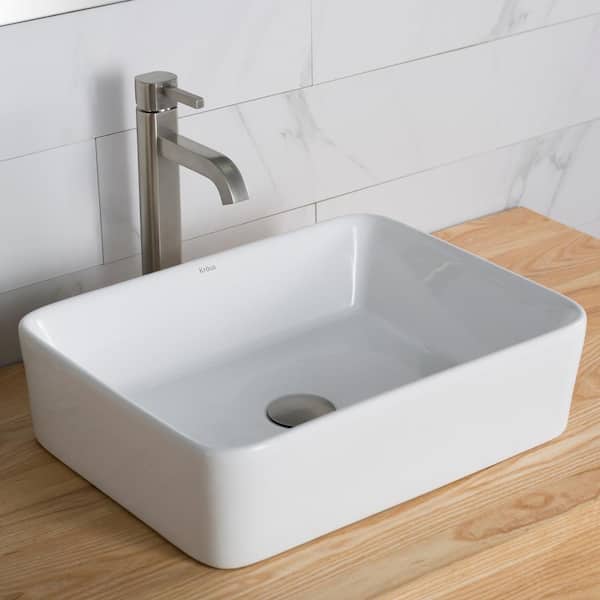 KRAUS Elavo 19.3 in. Rectangular Vessel Bathroom Sink in White Vitreous China with Ramus Faucet in Satin Nickel