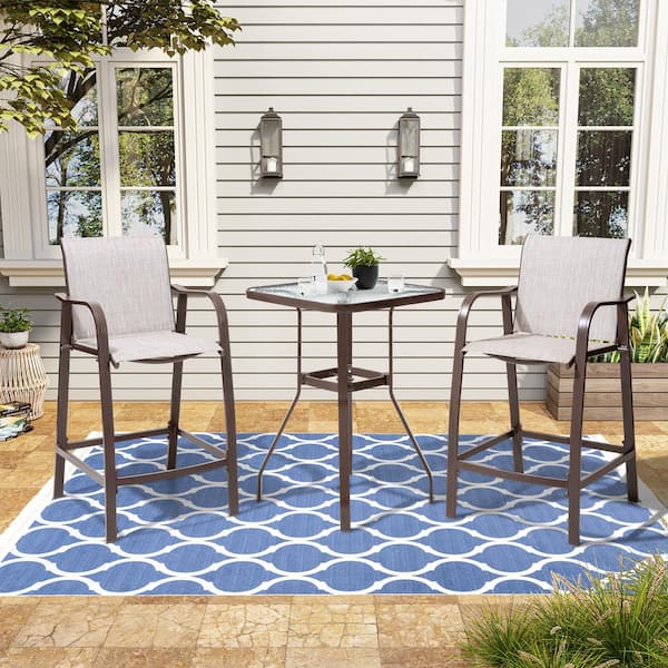 Crestlive Products 3-Piece Aluminum Outdoor Bar Set in Beige with Glass Table