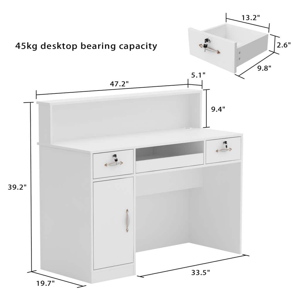 47.2" W : White Finish 2-Drawer Wooden Commercial Writing Desk with Keyboard Tray and Eco-Friendly Paint Finish - Thumbnail 4