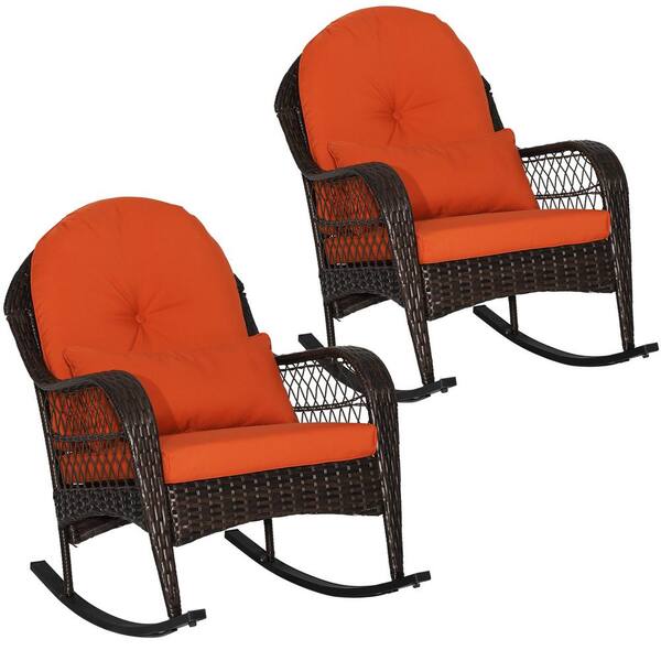 Costway Wicker Outdoor Rocking Chair With Orange Cushions And Lumbar   Costway Outdoor Rocking Chairs 2 Hw70822re 64 600 