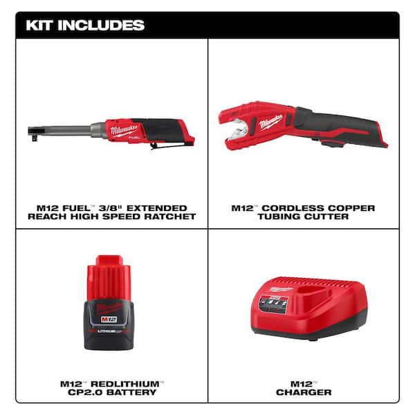 M12 FUEL 12V Lithium-Ion 3/8 in. Brushless Cordless Ratchet Extended Reach High Speed Kit with Copper Tubing Cutter