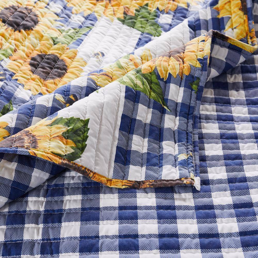 Blue and Yellow Sunflower Reversible King Microfiber Quilt Set