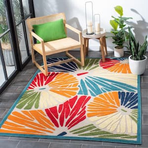 Cabana Ivory/Blue 7 ft. x 7 ft. Abstract Floral Indoor/Outdoor Patio  Square Area Rug