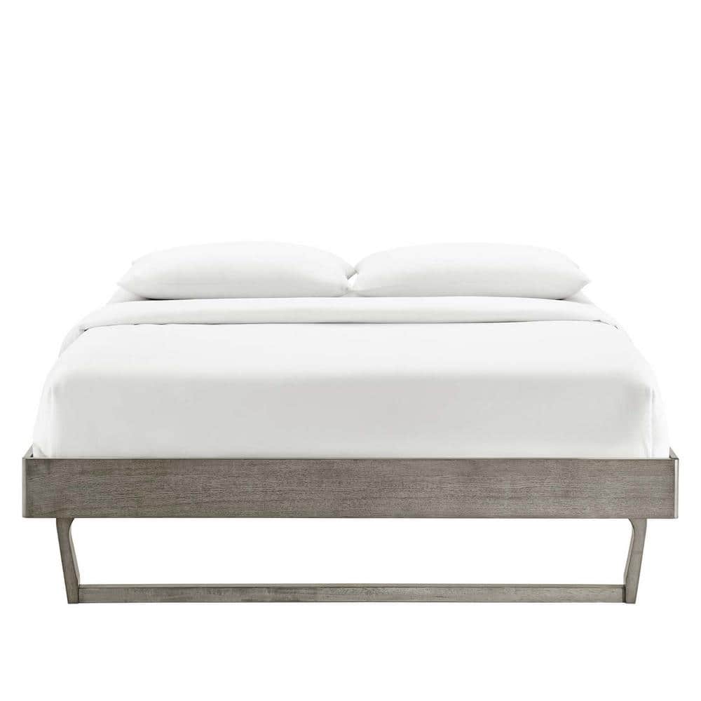 Mid-Century Modern Gray Full Platform Bed with Wood Frame and Headboard
